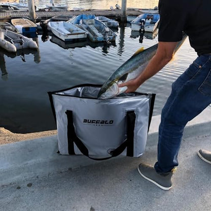 Buffalo Gear Insulated Fish Cooler - 27.5QT 58QT Waterproof Flat Bottom Bag, Leakproof and Fishing Kill Bag - color: Gray-37QT