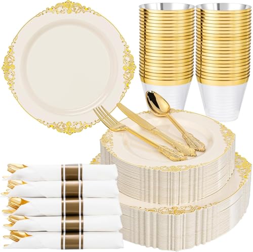 Nervure 175Pcs Ivory Plastic Plates, Disposable Party Plates for 25 Guests - color: Ivory, size: 175Pcs(25Guests)