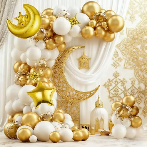 106 Pcs Eid Mubarak Balloon Arch Kit - Gold & White Crescent Moon Star Balloons with Arabic Pattern Backdrop, Ramadan Decoration for Iftar Party, Muslim Festival Home Wall Decorations