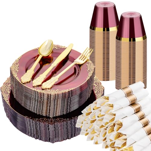 Bestluck 350PCS Burgundy Disposable Dinnerware for 50 Guests - color: Clear Burgundy, size: 50 Guests Set