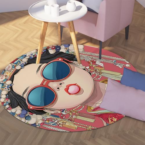 Pop Art Girl Round Area Rug 2ft for Girls Bedroom Cute Sunglasses Woman Bubble Gum Printed Carpets Foldable Non Slip Washable Thin Floor Mats Nursery Room Circle Rugs Playroom Decoration - color: Ydt06, size: 2ft (Round)