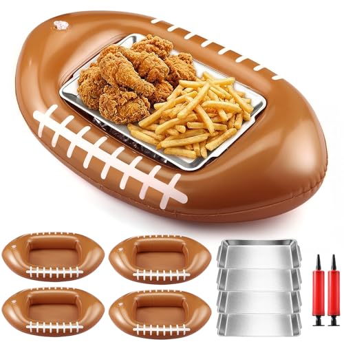 4 Pack Football Inflatable Cooler with Steel Tray Serving | Chilled Buffet for Shrimp Cocktail, BBQ Picnic Ice Bin, Game Day Gathering Decor, Outdoor Sports Theme Events - style: Rugby