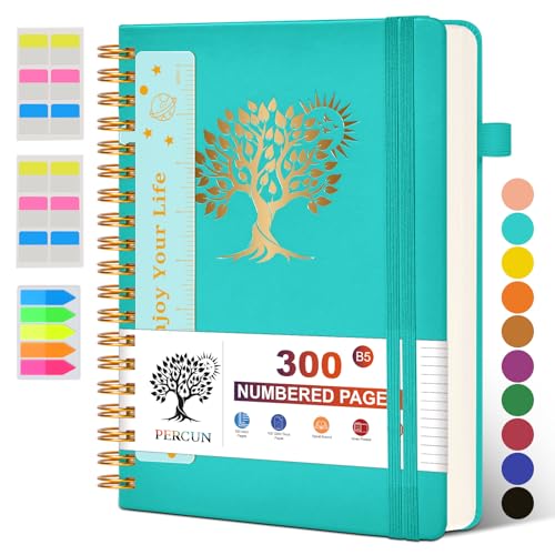 PERCUN Large Spiral Notebook Journal for Women Men - 300 Numbered Lined Pages, College Ruled,B5 Hardcover Spiral Bound Notebook for School, Work, Note Taking, Writing, Leather Spiral Journal 7"x10" - color: Blue, size: B5 size (7in x 10in)