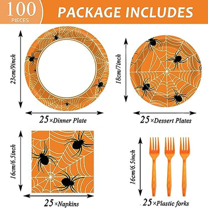 100 Pcs Spiderweb Party Plates and Napkins - Black and White Halloween Tableware Set for 25 Guests - style: Halloween Spider Web