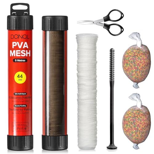 DONQL 5M PVA Mesh Carp Fishing 45" PVA Bags PVA Mesh Bags for Carp Fishing | Fast Water Soluble Mesh Bags, Scissors, Plunger, PVA Bags Carp Fishing Refill Stocking for Boilie Rig Pellets Bags Holder - size: 44mm
