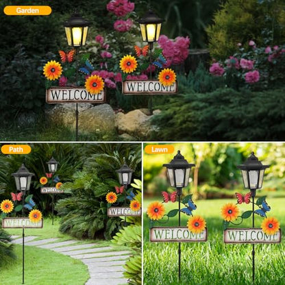 Lewondr Solar Garden Lights Butterfly, 37.4 Inch Solar Lamp Post Light with Welcome Sign & Butterflies, Outdoor Waterproof Solar Stake Lights for Yard Porch Patio Pathway Gardening Gifts, 2 Pack - style: Yellow Flowers & Butterflies