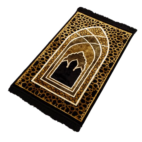 Modefa Turkish Islamic Prayer Rug - Comfortable Muslim Praying Mat for Men & Women - Soft Velvet Janamaz Praying Carpet - Ramadan or Eid Gift - with Kufi Prayer Cap - Plush Saray (Black/Gold)