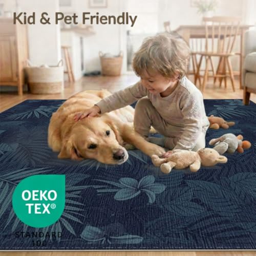 4'x6' Washable Bohemian Palm Tree Accent Rug, Dark Blue Non-Shedding Small Carpet Pet Friendly & Non-Slip for Playroom, Bedroom, Reading Nook | Ref:1992776 - color: Blue/Pattern 2, size: 4' x 6' (Rectangular)