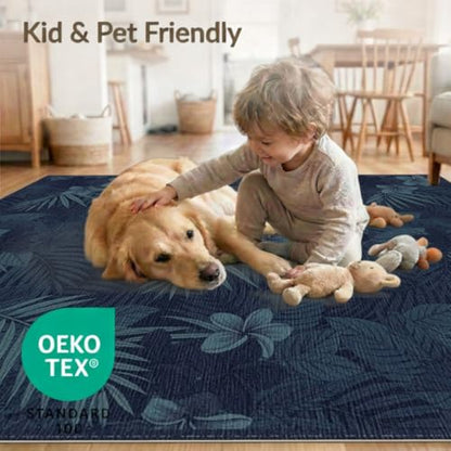 4'x6' Washable Bohemian Palm Tree Accent Rug, Dark Blue Non-Shedding Small Carpet Pet Friendly & Non-Slip for Playroom, Bedroom, Reading Nook | Ref:1992776 - color: Blue/Pattern 2, size: 4' x 6' (Rectangular)