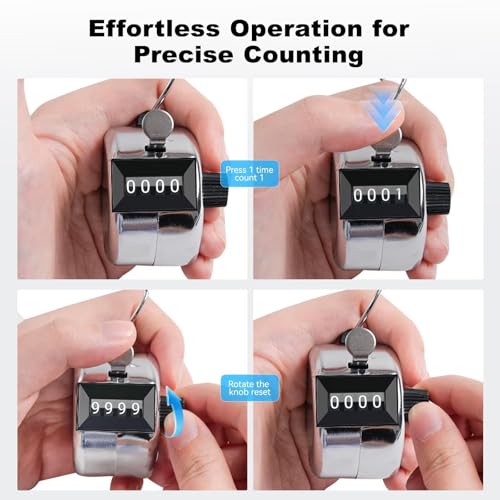 Anyongora Clicker Counter, Metal Hand Tally Counter Clicker with 4 Digit Display, Pitch Counter for Golf Stroke, Baseball, Coaching, Knitting, Lap, Row Sport, Silver
