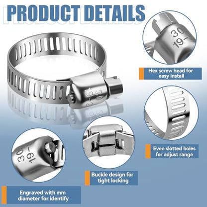 100PCS Hose Clamp Assortment Kit, Stainless Steel Worm Gear Clamp | Adjustable Clamps, Fits 1/4'' to 1 1/2'' (6-38mm) for Plumbing, Automotive, Fuel Line, Air Hose, and Mechanical Applications - size: 100PCS Kit (6-38mm)