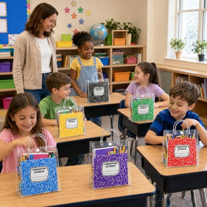 Cinrobiye 24 Pcs Composition Notebook Back to School Gift Bags with Handles, Clear Reusable Student Welcome Goodie Bags for Classroom Prizes, Teacher Gifts, School Party Favors & First Day of School Supplies - color: Colorful2