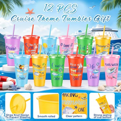 Chuangdi 12 Pcs Cruise Ship Gifts Bulk Nautical Birthday Party Favors 24 oz Funny Cruise Tumbler with Lid and Straw, Reusable Plastic Beach Travel Cups for Sailor Carnival Nautical Party Supplies - style: Cruise Theme
