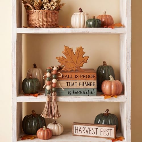 4 Pcs Fall Coffee Table Decorations Fall Tiered Tray Decor Thanksgiving Centerpiece Rustic Wooden Hot Cocoa Cup Maple Leaves Pumpkin Block Sign for Autumn Harvest Bar Kitchen Shelf Home - style: Fall Leaves