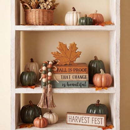 4 Pcs Fall Coffee Table Decorations Fall Tiered Tray Decor Thanksgiving Centerpiece Rustic Wooden Hot Cocoa Cup Maple Leaves Pumpkin Block Sign for Autumn Harvest Bar Kitchen Shelf Home - style: Fall Leaves