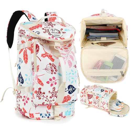 gym duffel bag backpack wrestling bag with shoe compartment 4 kinds of back method waterproof sports walking laptop - color: A-floral Sea Salt White