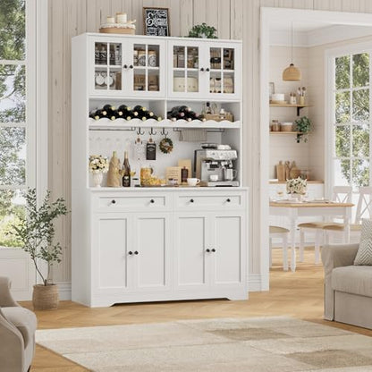 HOSTACK 75" Kitchen Pantry Storage Cabinet, Coffee Bar Hutch Cabinet, White | Tall Pantry Cabinet with Charging Station / Wide Countertop / Glass Doors / Wine Rack / Cup Holder / Drawers, Dining Room - color: White