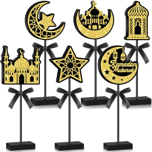 Huwena 6 Pcs Wooden Festival Centerpieces for Tables Detachable Wooden Tall Standing Signs Decorations for Tabletop Photo Props Party Supplies Cake Table Decor(Eid Mubarak) - style: Eid Mubarak