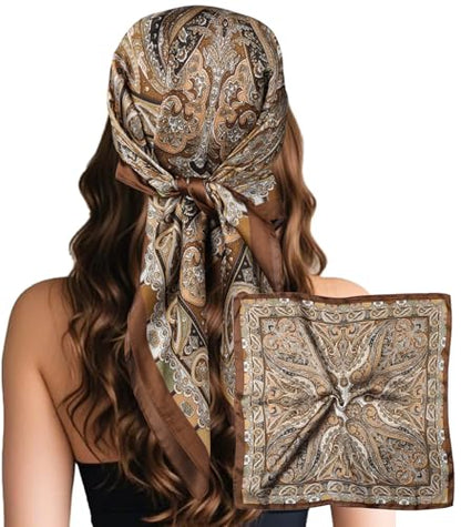 Sumolux Head Hair Scarf for Women Like Satin Silk Scarf Bandana Hair Wrapping Night Large Square Scarves 27.5" - color: Caramel Cashew Nuts