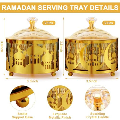 4 Pcs Eid Mubarak Plates with Lids, Metal Gold Moon Castle Ramadan Serving Tray, Middle Eastern Food Storage Container for Cookie Candy Pastry Dessert, Ramadan Decorations Table Display Set - style: Round