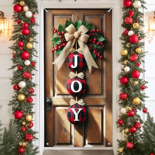 IVN JOY Letters Green Ring Burlap Bow Door Cover Decoration 71 x 35 in Holiday Banner readable vertical layout Photo Backdrop Indoor Outdoor for Front Door Party Decorations - color: JOY Vertical Ornament