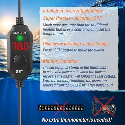 20W Mini Aquarium Heater for 2-4 Gallon Tanks | Submersible Fish Tank Heater with Digital Thermostat, Dry-Run & Overheat Protection, Memory Function - size: For Aquariums ≤ 4 Gal