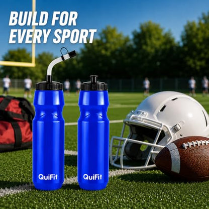 QuiFit Lacrosse Water Bottle with Long Straw -32oz Hockey Water Bottle 2 Pack with 2 Lids Each- BPA Free Squeeze Sports Water Bottles, Leakproof Dishwasher Safe- for Helmet,Lacrosse (Blue) - color: Blue