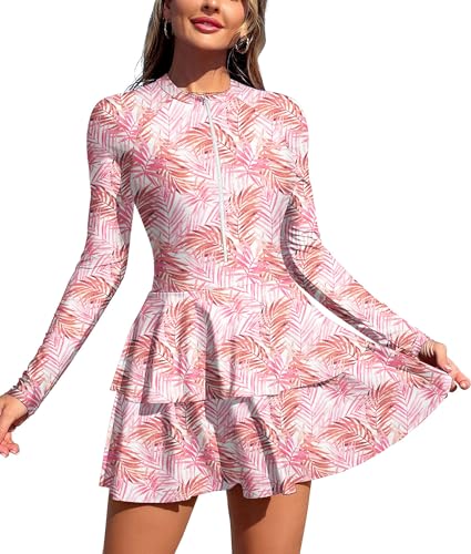 ZAFUL Women Long Sleeve One Piece Rash Guard Modest Swim Dress Bathing Suit - color: 0-pink Leaves, size: Small