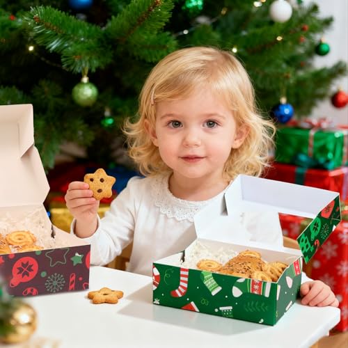 CHOUNYEE 24 Pack Christmas Cookie Boxes (8.25x6x2.75 Inch), Christmas Treat Boxes for Gift Giving, Bakery Boxes with Window for Exchange Gift, Holiday Food Cookie gift Containers - color: Christmas(Red,green)