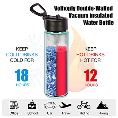 Volhoply Insulated Water Bottles with Straw Bulk 4 Pack, 22 oz Stainless Steel Double Walled Vacuum Travel Water with Wide Mouth, Reusable Metal Cold Water Flask for School Hiking(Mint,4 Set) - color: Mint