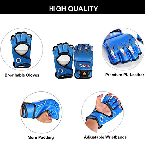 ZooBoo MMA Gloves, Half-Finger Boxing Fight Gloves MMA Mitts with Adjustable Wrist Band UFC Gloves for Sanda Sparring Punching Bag Training (One Size Fits Most) - color: HS-Blue