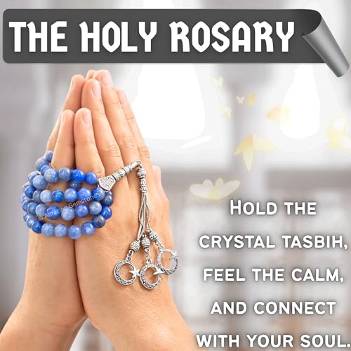 Amazing Gemstone Blue Aventurine Tasbeeh with Moon and Star Charm - Certified Crystal Muslim Prayer Beads Natural Gemstone Tasbih Gift for Ramadan Dhikr and Daily Namaz (S) - color: Blue Aventurine