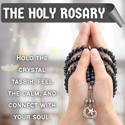 Amazing Gemstone Black Banded Agate Tasbeeh with Moon and Star Charm - Certified Crystal Muslim Prayer Beads Natural Gemstone Tasbih Gift for Ramadan Dhikr and Daily Namaz (S) - color: Black Banded Agate