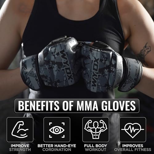 WYOX MMA Gloves & Boxing Focus Mitts Set – Hybrid Open Palm Grappling Gloves with Wrist Support + Curved Punching Pads with Gel Shock for Muay Thai, Kickboxing, Karate Training (Men & Women)