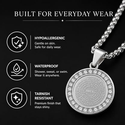 Steeltime Stainless Steel Lords Prayer Necklace with Simulated Diamonds - color: Silver, style: Reversible Round Pendant