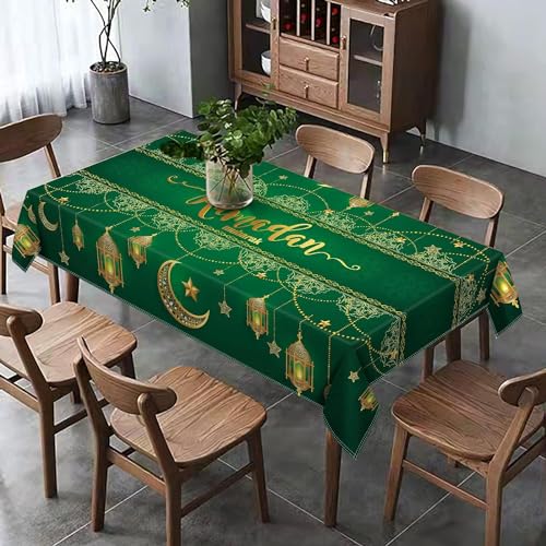 Hafangry Ramadan Mubarak Tablecloth Islamic Muslim Eid Decoration Golden Star Moon Lantern Kitchen Dining Room Table Cover (60" x 104") - size: 60" x 104"
