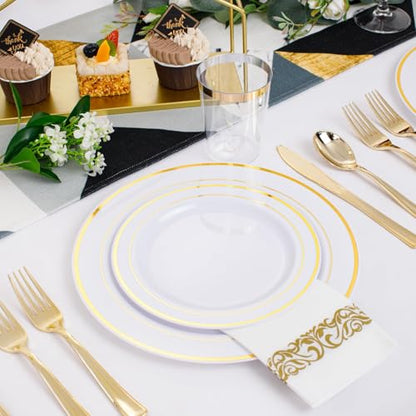 350 Pieces White and Gold Plastic Plates - 50 Guest Dinnerware Set Include 100 Plates, 50 Gold Plastic Silverware, 50 Paper Napkins and 50 Cups for Wedding/Baby Shower/Spring/Birthday/Mother's Day - color: Gold - Modern, size: 350