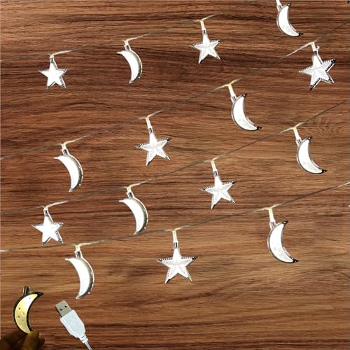 Eid Decoration LED String Lights for Indoor House Decoration on Eid & Festivals, Bright Stars Moon Cool Safe USB Decor Party Supply Festive Warm White (20pc Moon Star Silver WW) - color: 20pc Moon & Star (Silver) Warm White