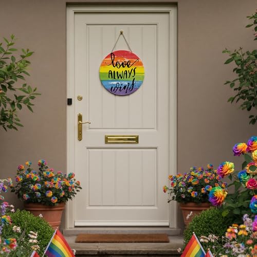 Smile Pride Month Love Always Wins Round Wooden Door Sign Rainbow Indoor & Outdoor Decorative Plaque LGBTQ+ Home, Porch & Patio Decor Gay Pride - style: Rainbow LGBT