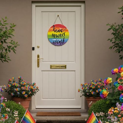 Smile Pride Month Love Always Wins Round Wooden Door Sign Rainbow Indoor & Outdoor Decorative Plaque LGBTQ+ Home, Porch & Patio Decor Gay Pride - style: Rainbow LGBT