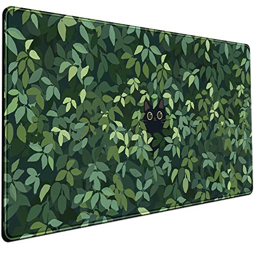 Cute Cat Desk Mat Kawaii Green Desk Pad - Large Gaming Mouse Pad Laptop Mat | Desk Pad Large Anime Gaming Mouse Pad for Desk Computer Office Keyboard Laptop 31.5x15.7 in - Non-Slip Base, Stitched Edges - color: Green Plants Black Cat