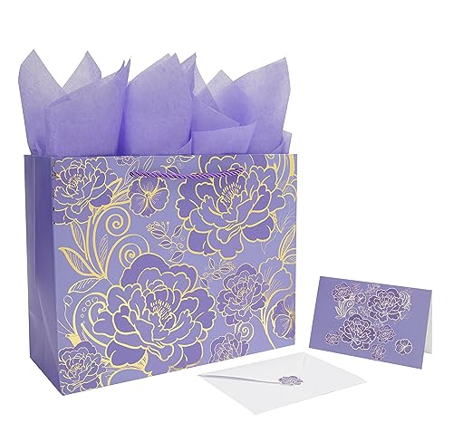 Qirrmiy 13" Large Rose Purple Gift Bag Set with Greeting Card and Tissue Paper for Women or Girls for Celebrating Birthdays, Mother's Day, Valentine's Day, Weddings, Anniversaries - color: (Large) Purple
