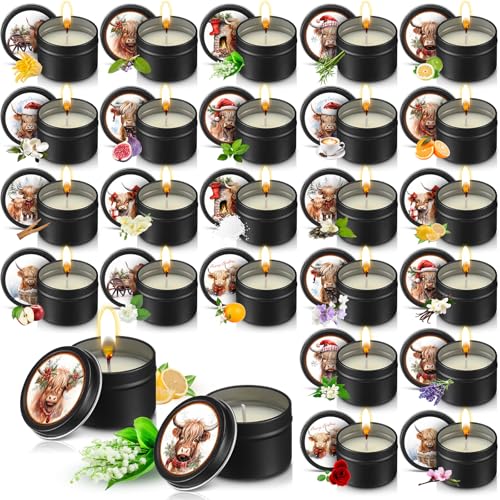 Nuanchu 24 Pack Christmas Scented Candles Gift Set Highland Cattle Candle for Her Him 2oz Natural Soy Wax Jar Long Lasting Aromatherapy Bulk Favors Set for Christmas Party Home Decor - style: Highland Cattle
