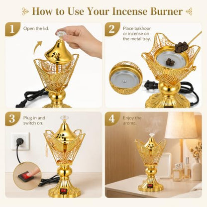 NOLITOY Electric Bakhoor Burner for Home - Iron Oud Resin Incense Burner Plug in - Decorative Middle Eastern Censer for Meditation Yoga Office 9-inch (us Plug)