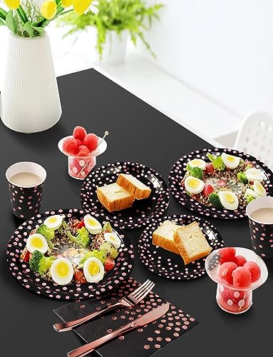 Nkaiso 141Pcs Black Rose Gold Paper Plates and Napkins Party Supplies for20 - color: Black and Rose Gold