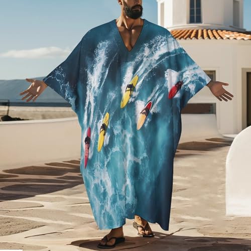 Surfers Surfing on Boards Men's Kaftan Thobe V-Neck Long Gown Loose Robe - size: Large