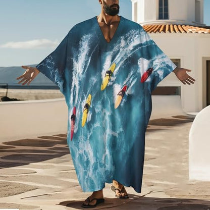 Surfers Surfing on Boards Men's Kaftan Thobe V-Neck Long Gown Loose Robe - size: XX-Large