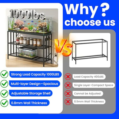 55-75 Gallon Fish Tank Stand with Power Outlet, Heavy Duty Metal Aquarium Stand, 3-Tier Adjustable Storage Shelf for Home and Office, 1000LBS Capacity, Black (Tank not Included) - size: 55-75 Gallon with Power Outlet