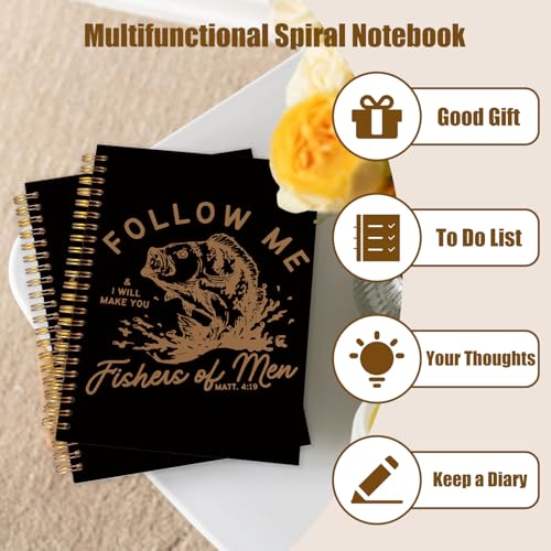 WUCHJ Black Retro Fish Christian Notebook,Black Boys Religious Notebook, Matthew 4:19 Bible Verse Journal, Religious Scripture Spiral Notebook Journal for Note Taking, Christian Faith Based Gifts for Women Men, 5.5x8.3 Inch - color: black and yellow follo