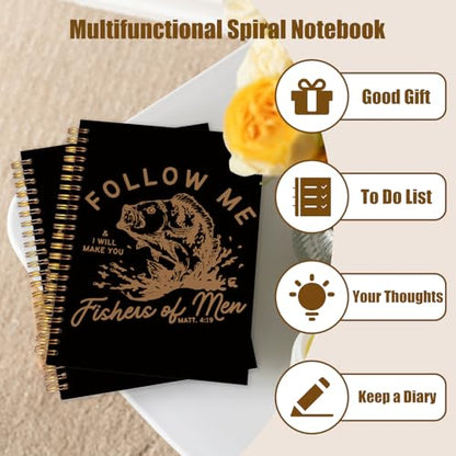 WUCHJ Black Retro Fish Christian Notebook,Black Boys Religious Notebook, Matthew 4:19 Bible Verse Journal, Religious Scripture Spiral Notebook Journal for Note Taking, Christian Faith Based Gifts for Women Men, 5.5x8.3 Inch - color: black and yellow follo
